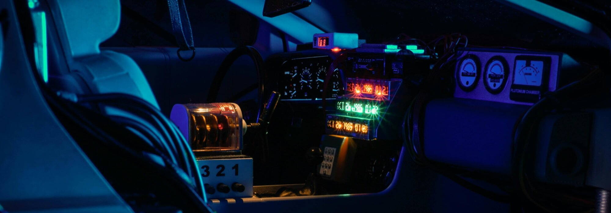 DeLorean cockpit with illuminated time displays from Back to the Future.